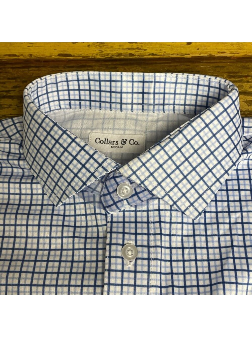 Collars & Co Semi-Spread Collar Polo Short Sleeve Sz MED Blue Tattersall
